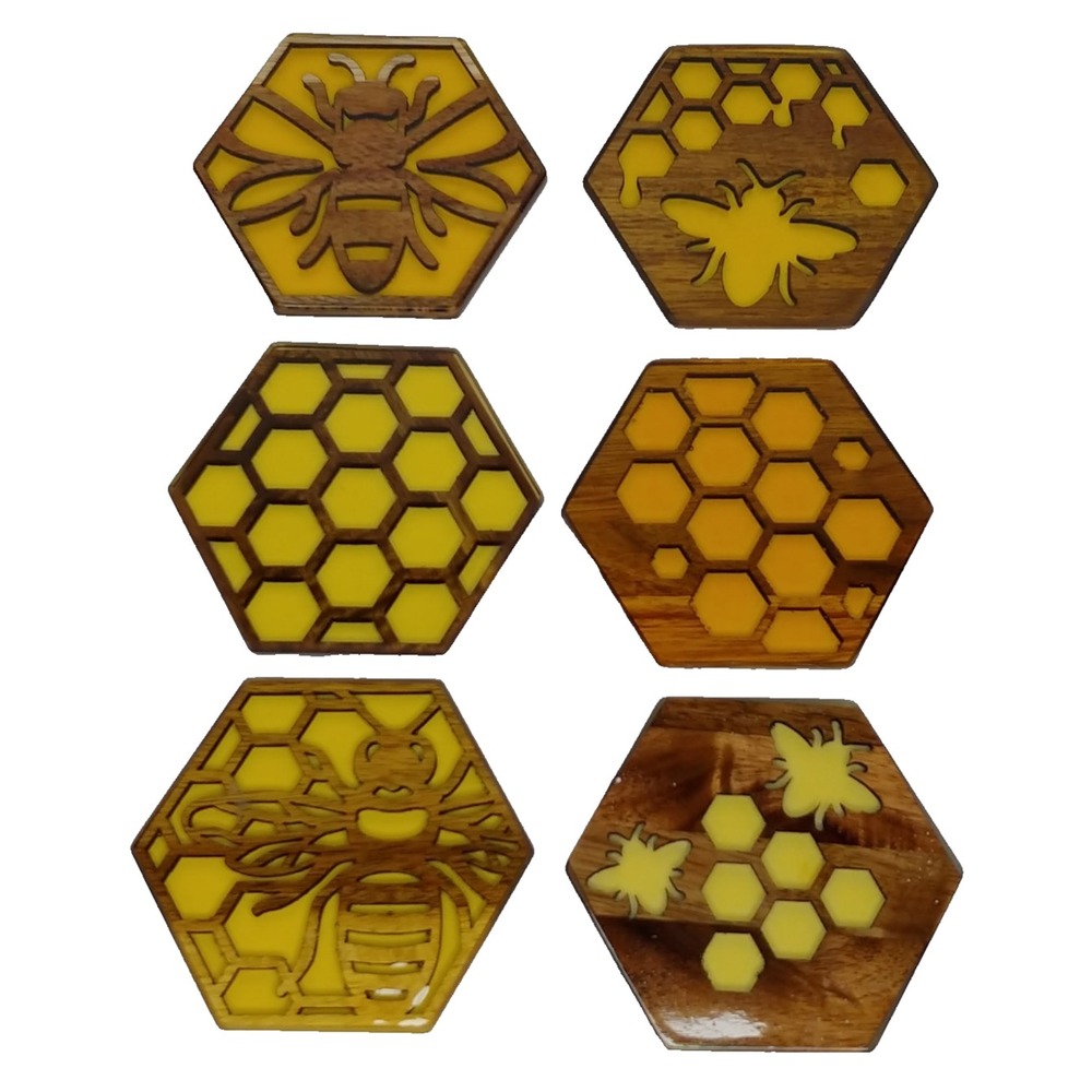 Bee Resin And Wood Coasters Set Of 6 Honeycomb Epoxy Design Farmhouse Decor